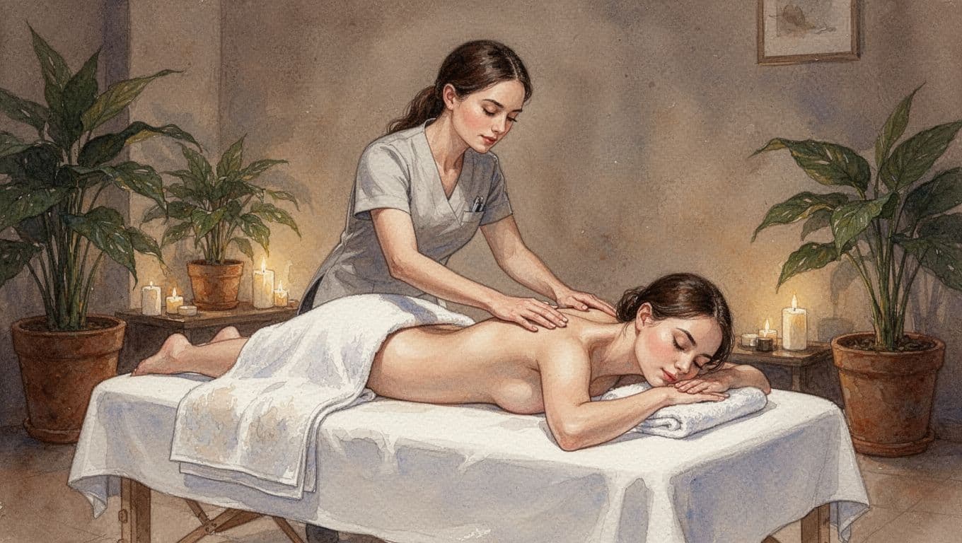Female therapist applies long strokes to client's shoulders on massage table in spa with plants and warm light.