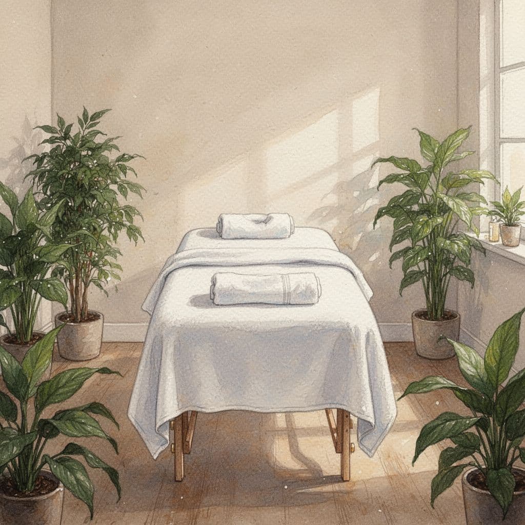 A watercolor painting depicts a calm massage room with an empty table, lush plants, and warm ambient lighting.