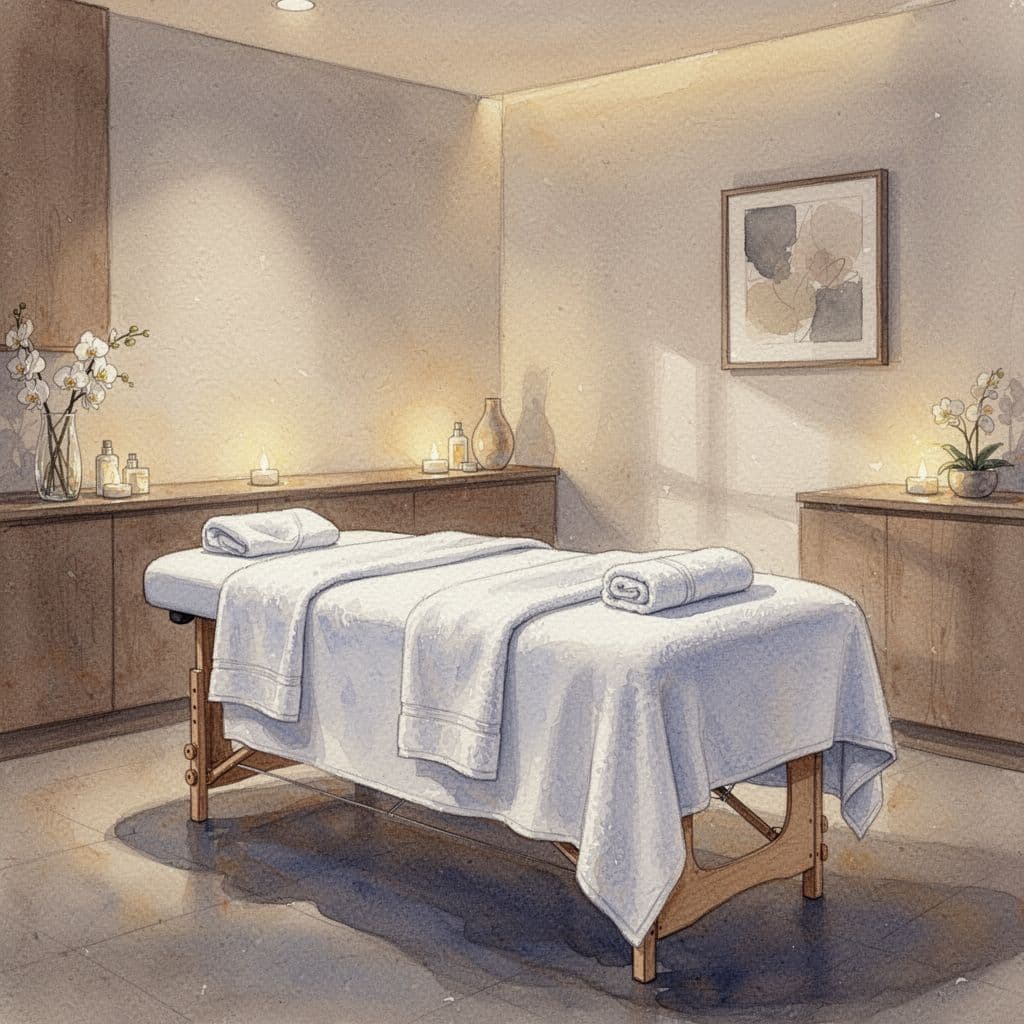 A watercolor painting depicts a massage table topped with neatly folded white towels in a quiet spa.