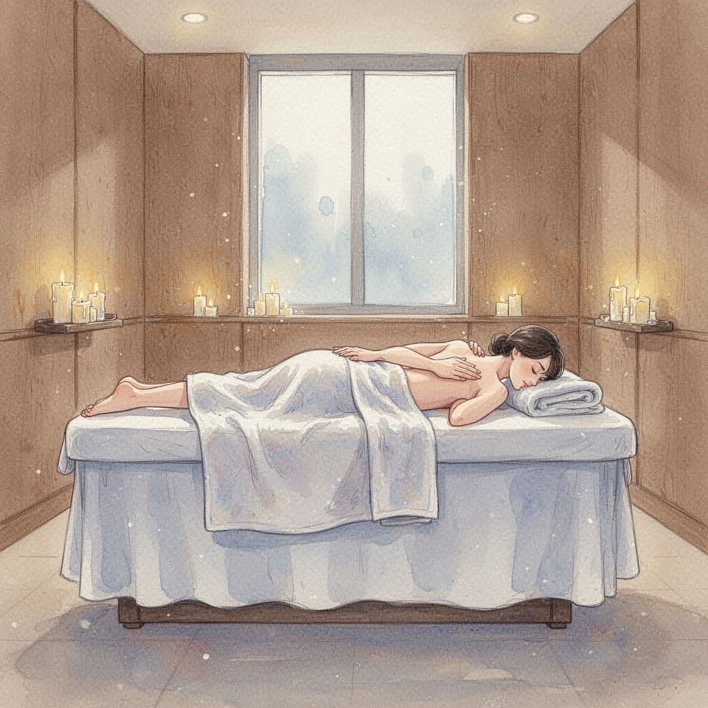 Person lies prone on massage table, partially draped in towel, in soft watercolor style.