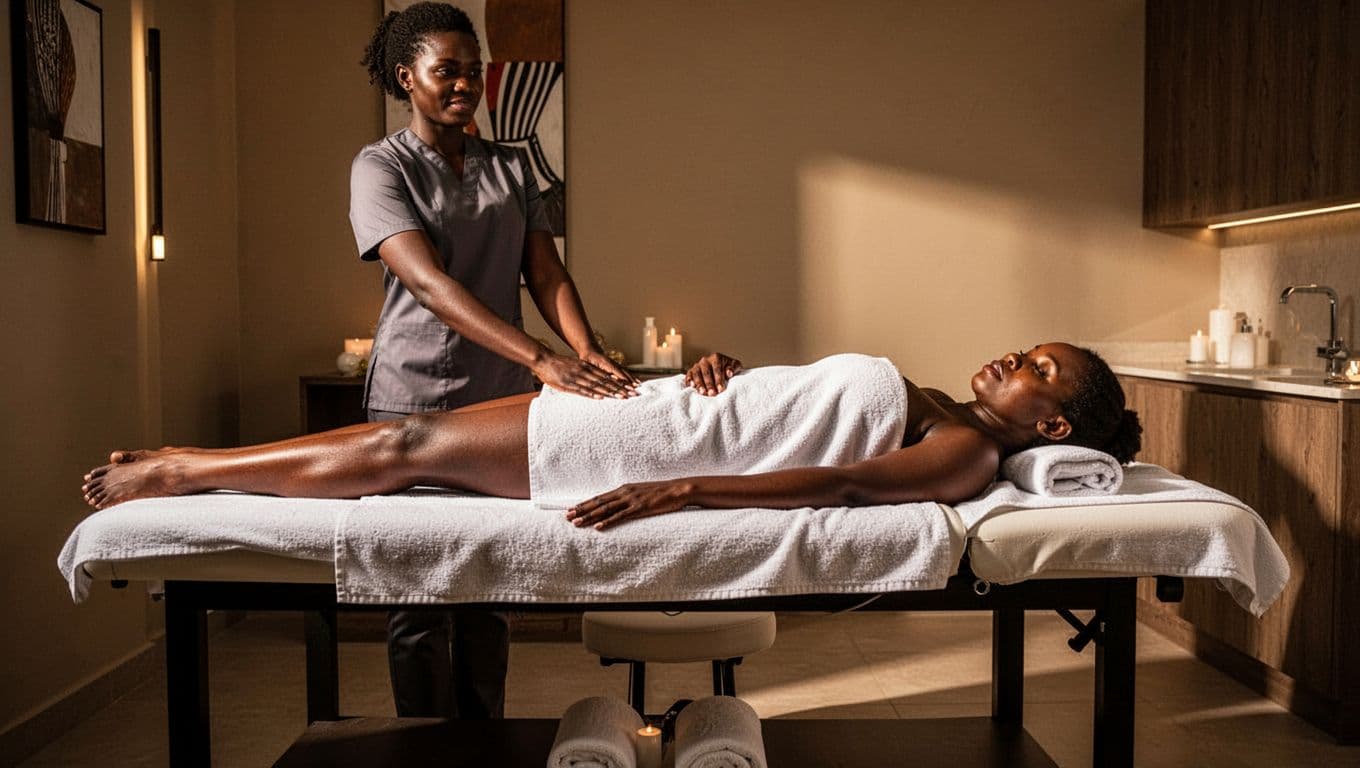 One client relaxes on a massage table in a warmly lit Nairobi spa room.