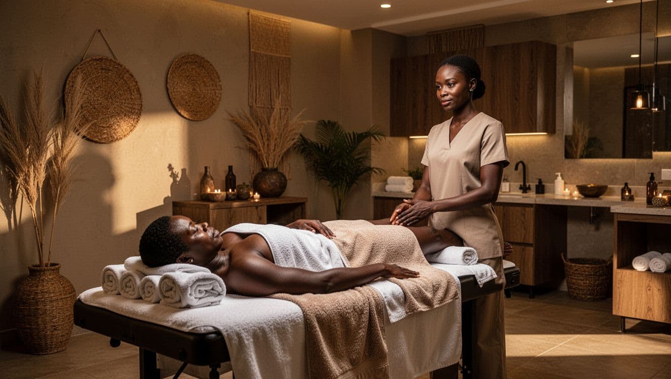 One client lies on a massage table as a therapist stands nearby.