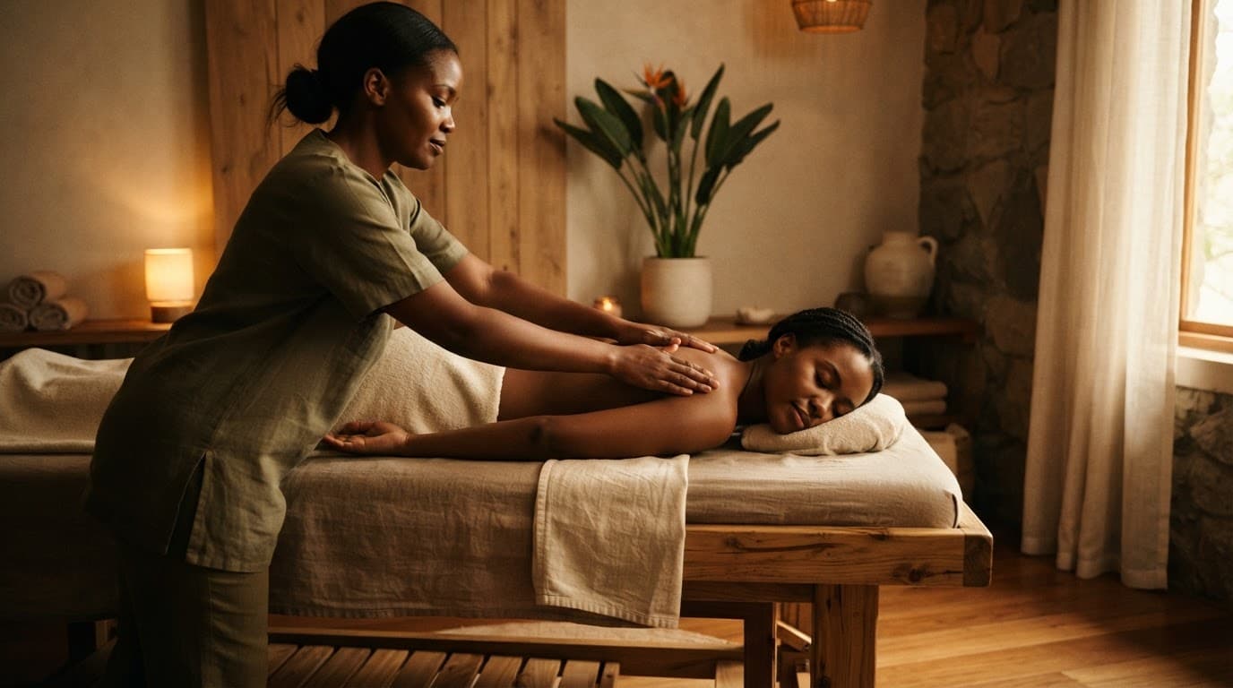 Therapist giving a Swedish massage to a client in a warm, minimalist spa.