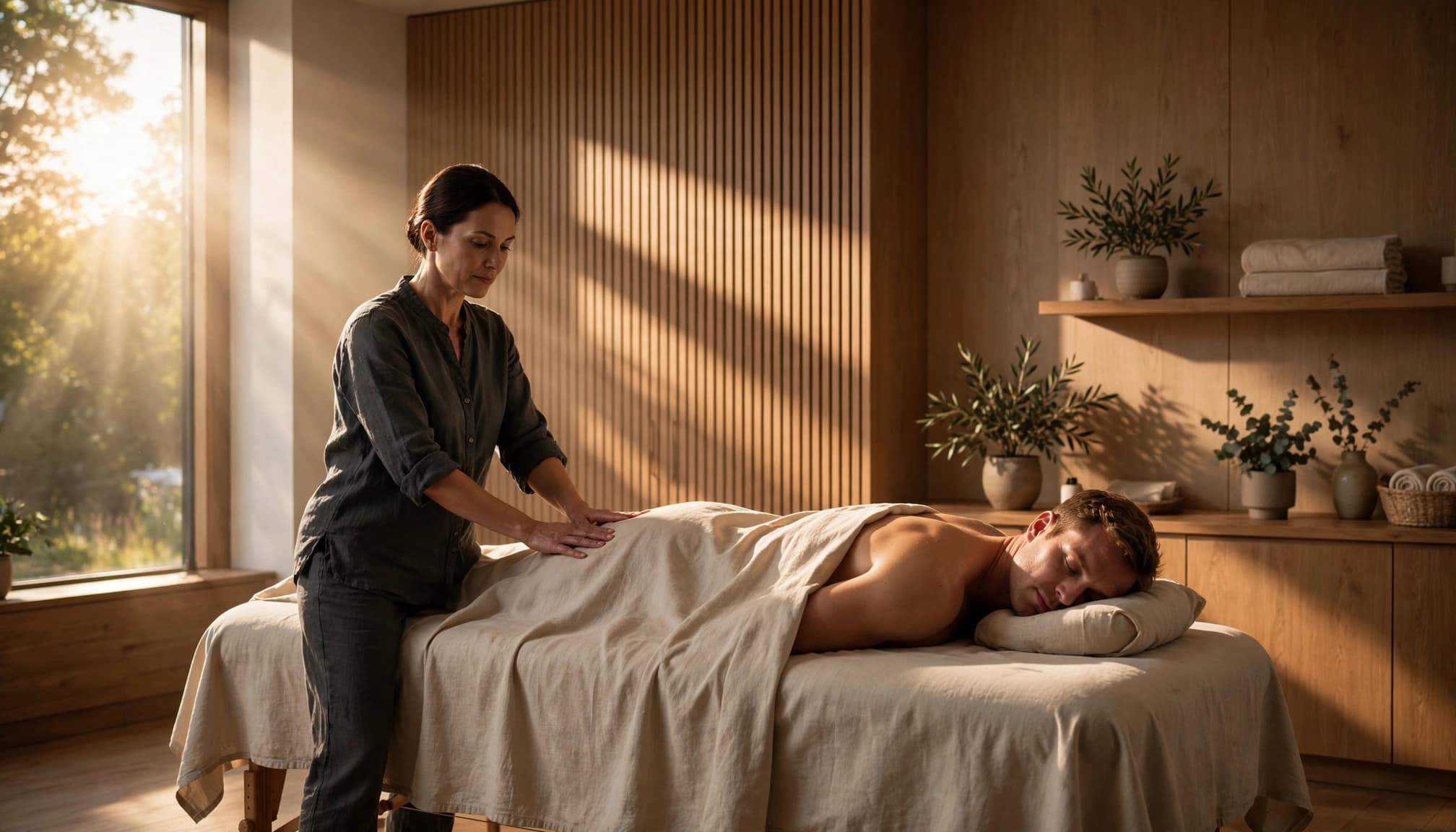 Therapist giving a Swedish massage to a client in a warm, peaceful spa room.