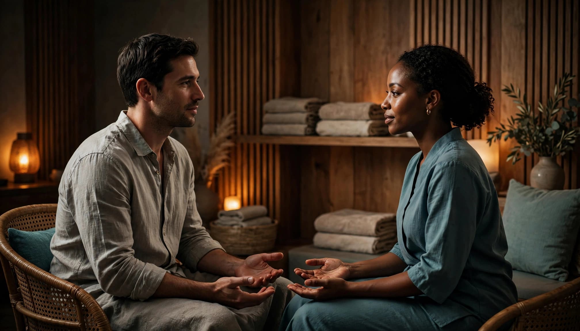 A client and massage therapist discuss boundaries in a calm spa room.