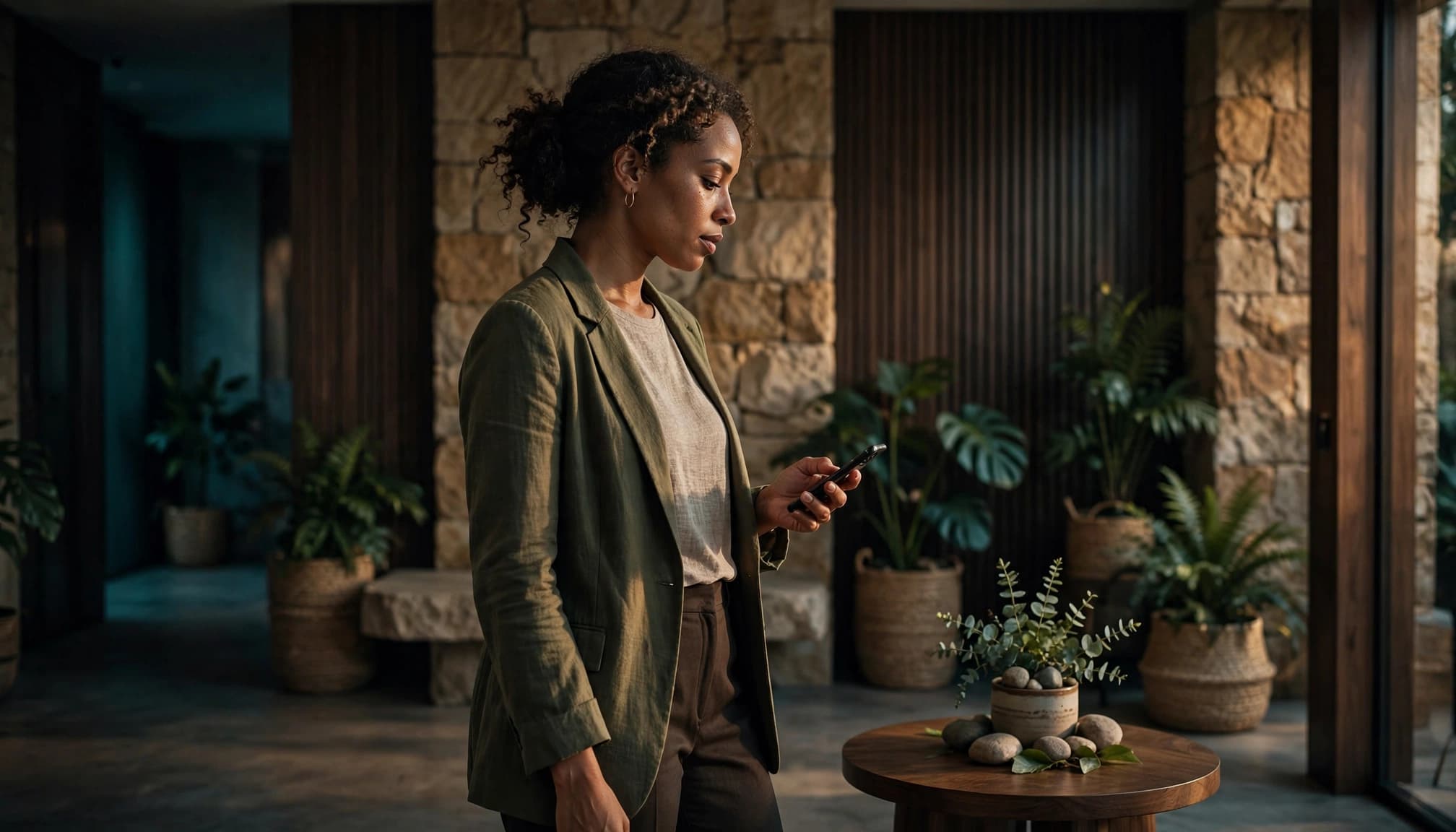 Woman reviewing a smartphone in a refined Nairobi apartment lobby.