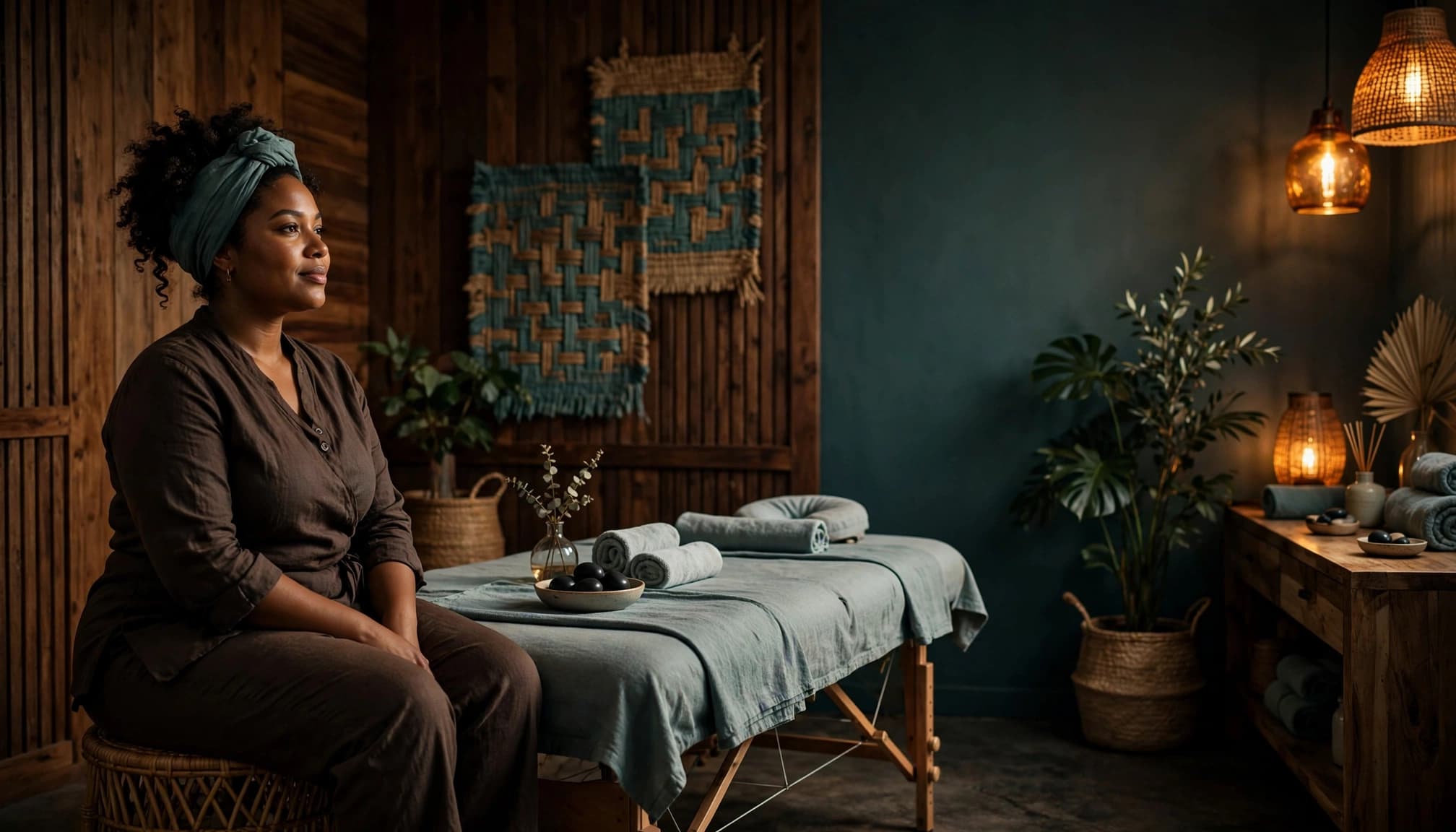 Massage therapist seated beside a prepared table in a warm private spa room.