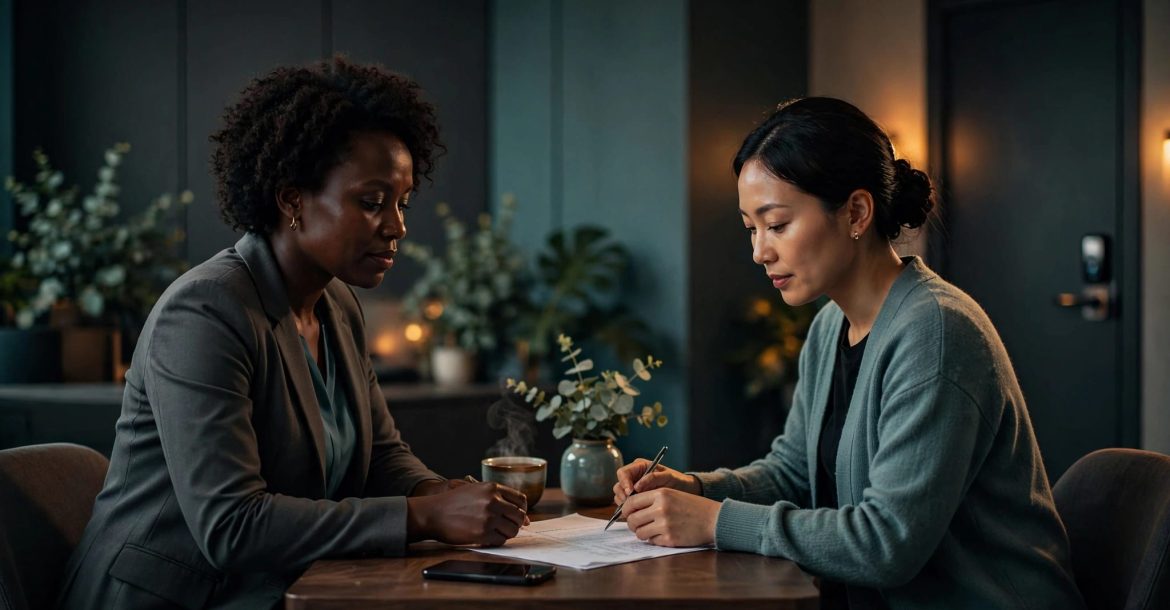 A woman discusses appointment details with a therapist in a private wellness reception.