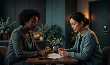 A woman discusses appointment details with a therapist in a private wellness reception.
