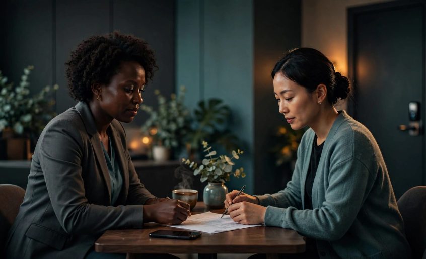 A woman discusses appointment details with a therapist in a private wellness reception.