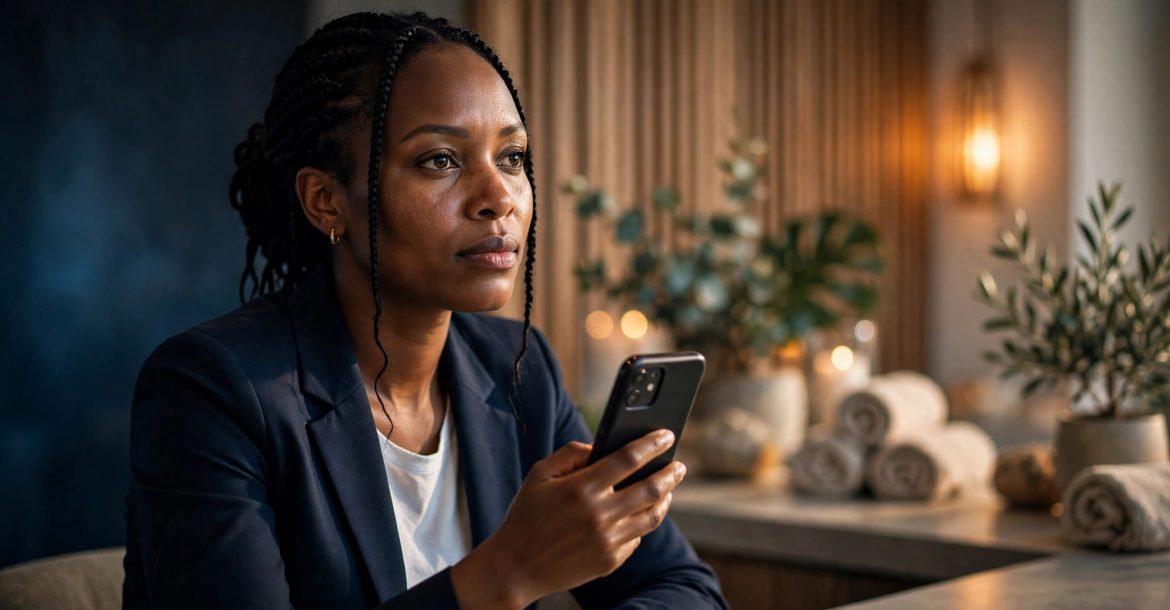Professionally dressed woman holding a phone at a softly lit Nairobi spa reception.
