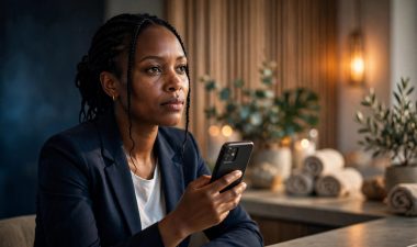 Professionally dressed woman holding a phone at a softly lit Nairobi spa reception.