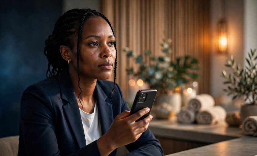 Professionally dressed woman holding a phone at a softly lit Nairobi spa reception.