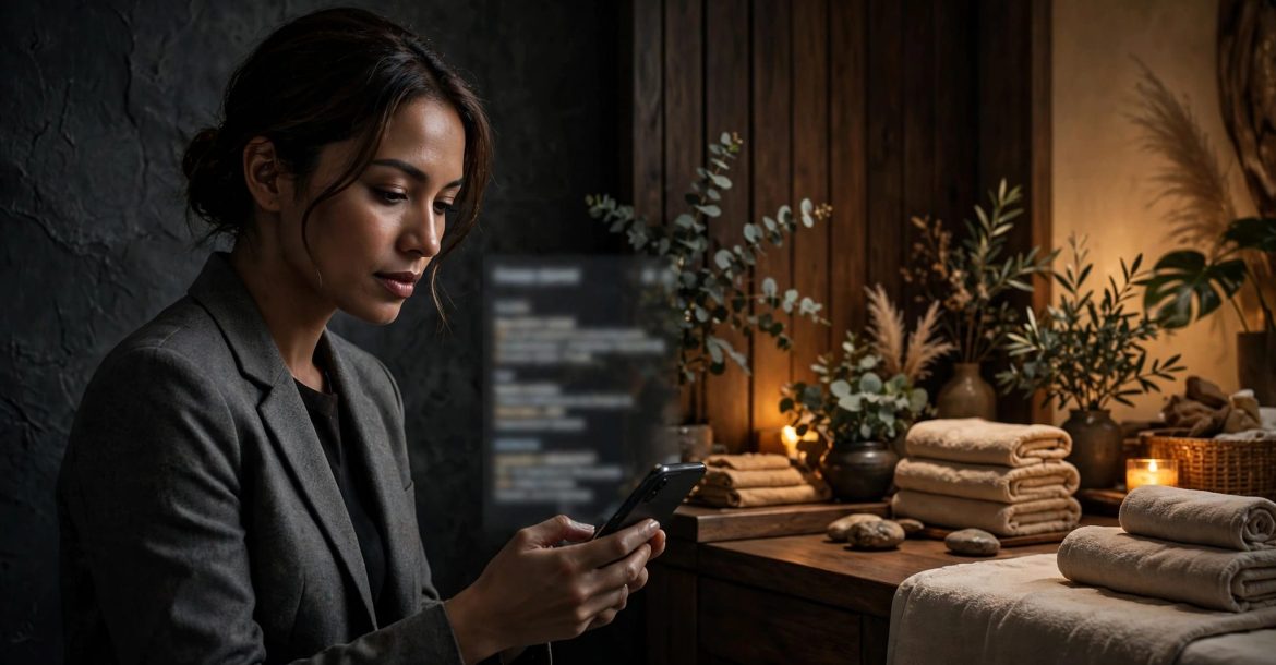 A woman checks a blurred phone beside a warmly lit spa interior.