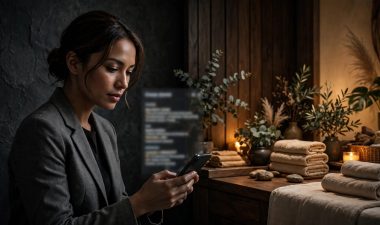 A woman checks a blurred phone beside a warmly lit spa interior.
