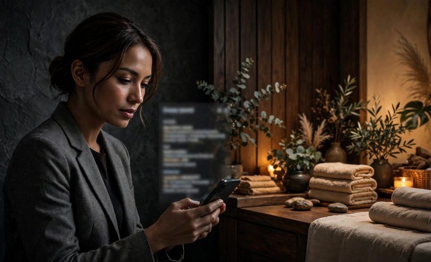 A woman checks a blurred phone beside a warmly lit spa interior.