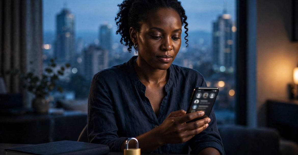 Kenyan woman checking a phone beside a notebook and privacy symbol, with Nairobi skyline behind her.