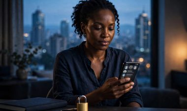 Kenyan woman checking a phone beside a notebook and privacy symbol, with Nairobi skyline behind her.
