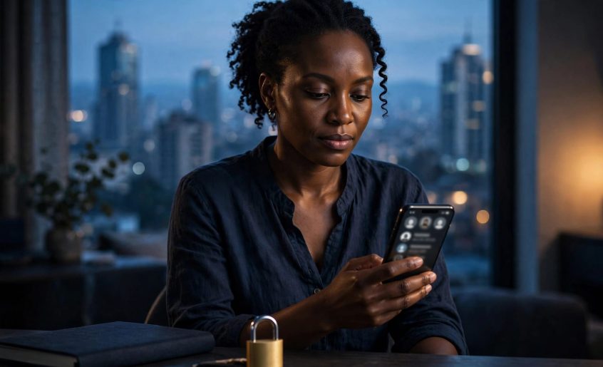 Kenyan woman checking a phone beside a notebook and privacy symbol, with Nairobi skyline behind her.