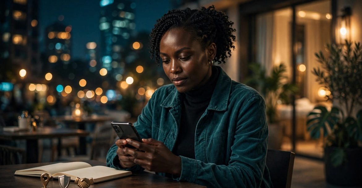 A Kenyan woman checks her phone at a café table with safety symbols nearby.