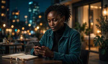 A Kenyan woman checks her phone at a café table with safety symbols nearby.
