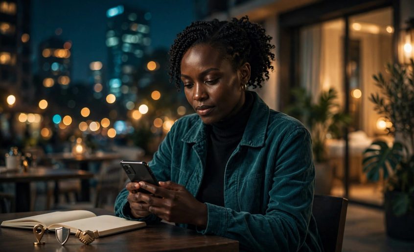 A Kenyan woman checks her phone at a café table with safety symbols nearby.