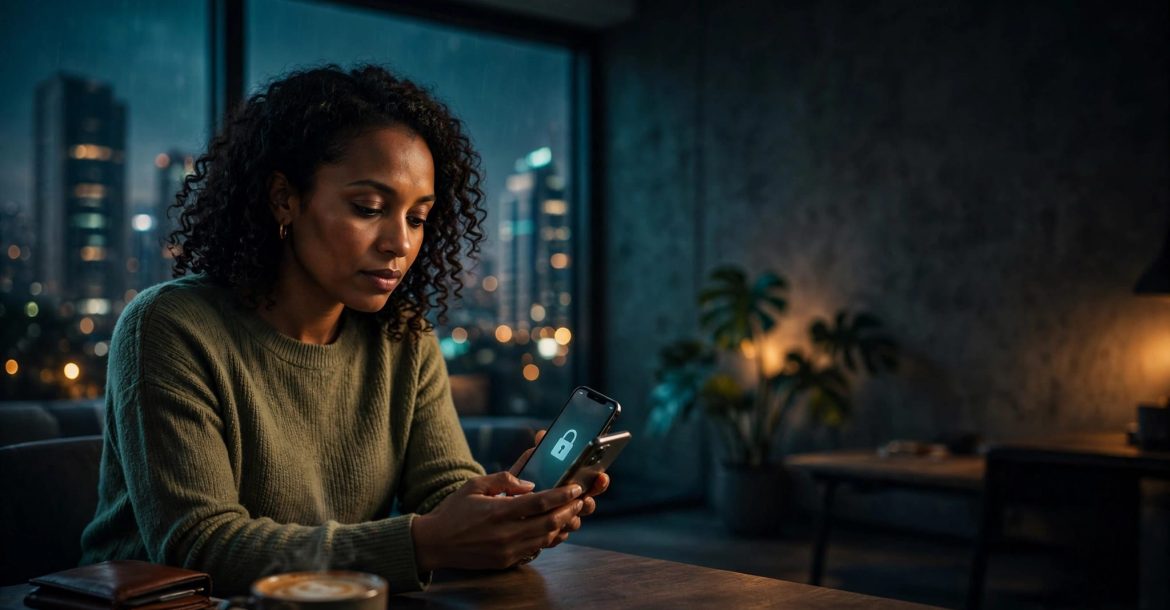 Woman checking a phone beside a wallet and coffee near a city-view window.