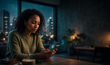 Woman checking a phone beside a wallet and coffee near a city-view window.