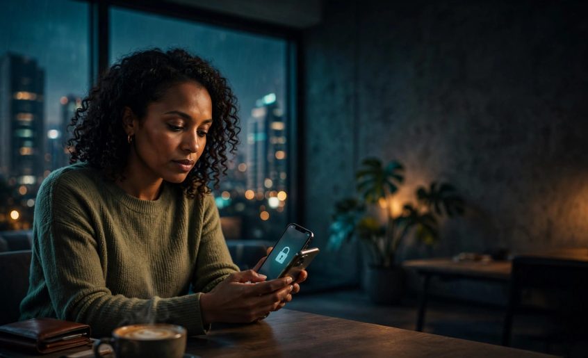 Woman checking a phone beside a wallet and coffee near a city-view window.