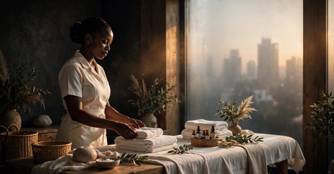 A therapist prepares a massage room beside a table with towels and oils.