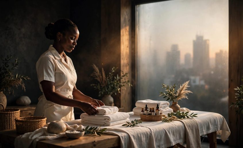 A therapist prepares a massage room beside a table with towels and oils.