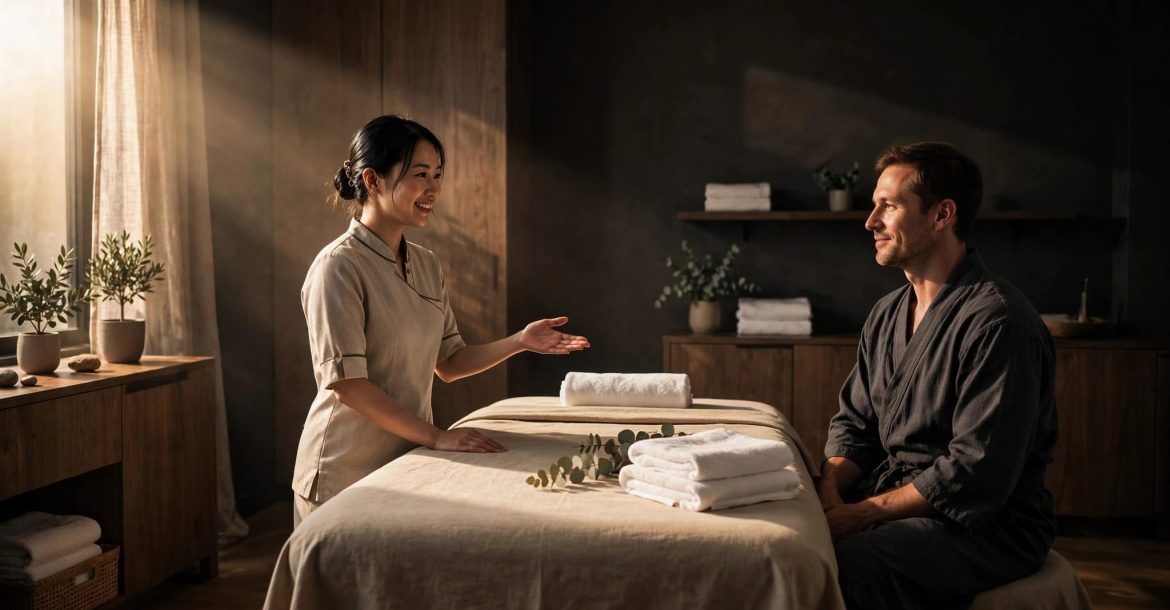 A therapist welcomes a client beside a prepared massage table in a warm spa room.