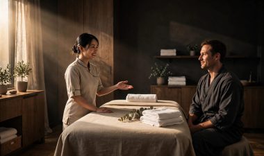 A therapist welcomes a client beside a prepared massage table in a warm spa room.