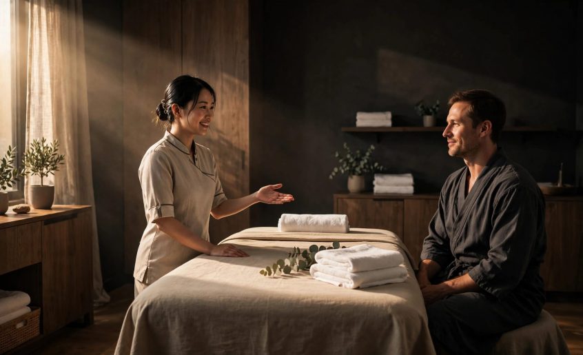 A therapist welcomes a client beside a prepared massage table in a warm spa room.