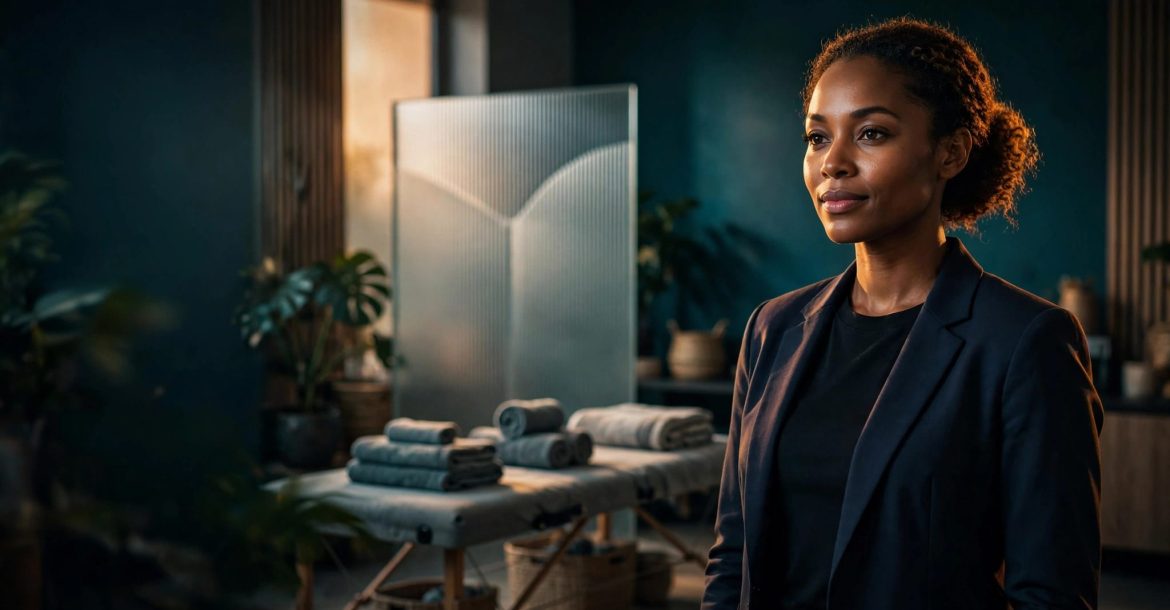 A woman in a blazer stands near a privacy screen and massage table.