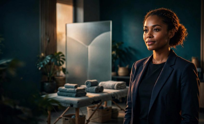 A woman in a blazer stands near a privacy screen and massage table.