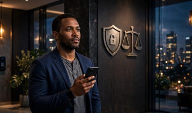 A Kenyan man holding a phone stands in a Nairobi lobby with the skyline behind him.