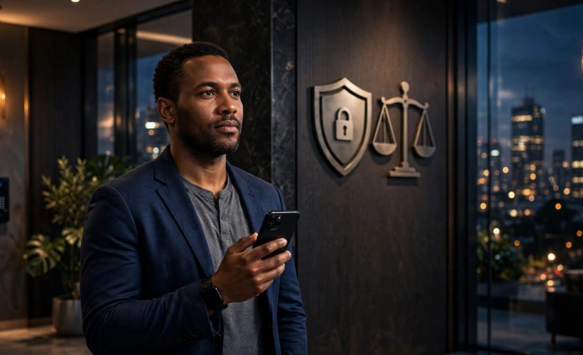 A Kenyan man holding a phone stands in a Nairobi lobby with the skyline behind him.