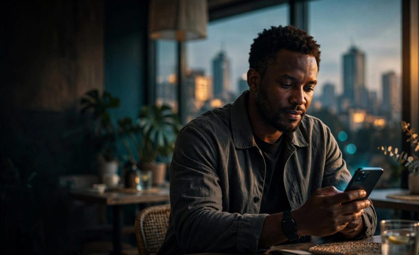 A Kenyan man checks his phone in a warmly lit Nairobi café.
