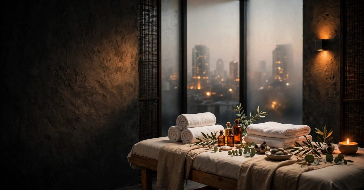 A clean massage room with towels, oils, plants, and a faint Nairobi skyline.