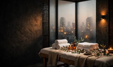 A clean massage room with towels, oils, plants, and a faint Nairobi skyline.