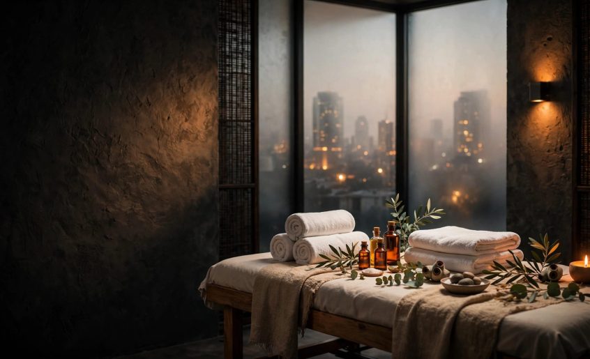A clean massage room with towels, oils, plants, and a faint Nairobi skyline.