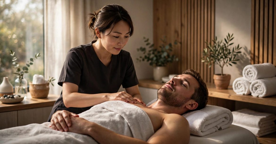 A therapist gives a shoulder massage to a relaxed client in a clean spa room.