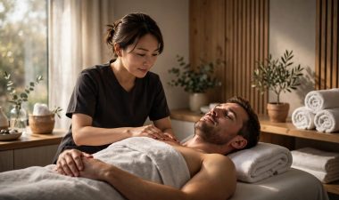 A therapist gives a shoulder massage to a relaxed client in a clean spa room.