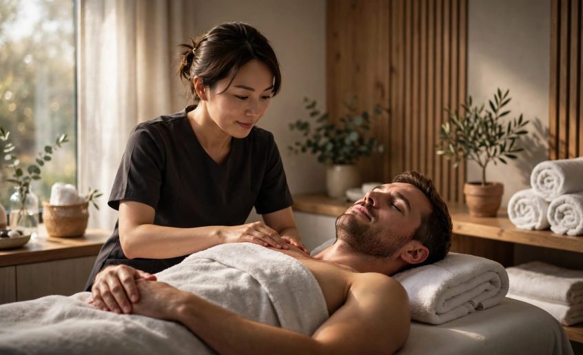 A therapist gives a shoulder massage to a relaxed client in a clean spa room.