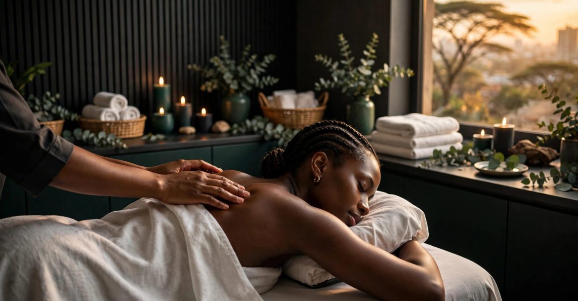 A woman receives a shoulder massage in a warmly lit spa room.