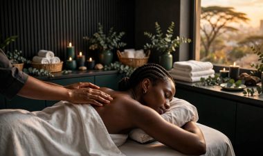 A woman receives a shoulder massage in a warmly lit spa room.