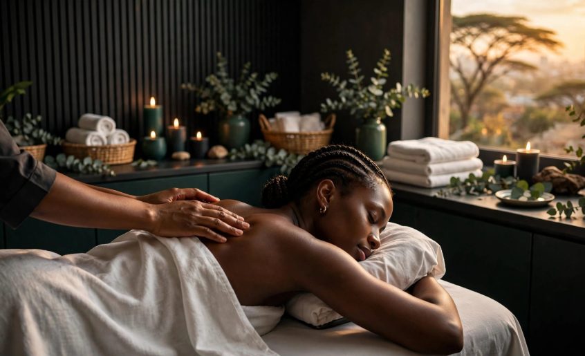 A woman receives a shoulder massage in a warmly lit spa room.
