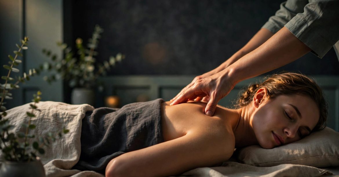 Therapist massaging a client’s shoulders in a warmly lit spa.