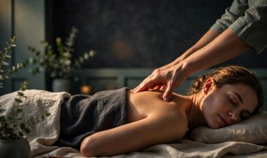 Therapist massaging a client’s shoulders in a warmly lit spa.